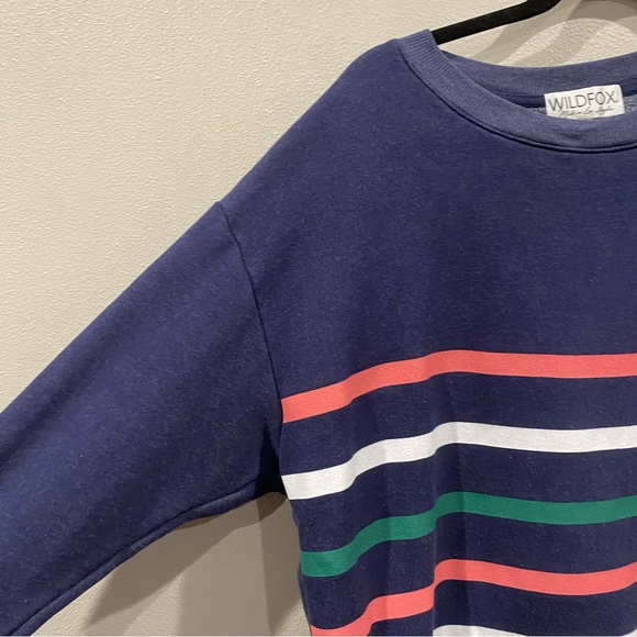 Wildfox Oversized Striped Casual Fleece Lined Crew Neck Pull Over Sweater Navy X - Picture 3 of 7
